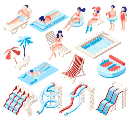People in swimsuits spending time on beach and in aqua park with slides and pools isometric icons set isolated on white background 3d vector illustration