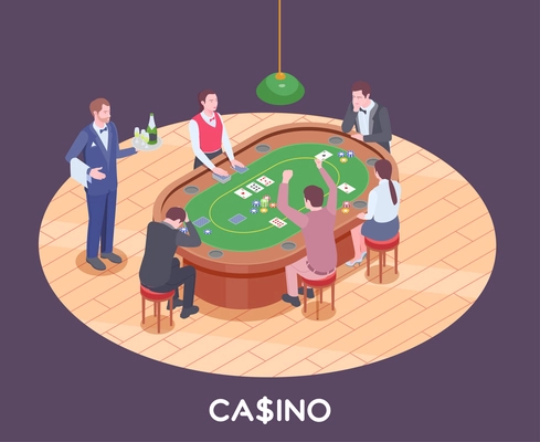 People playing poker in casino hall isometric composition 3d vector illustration