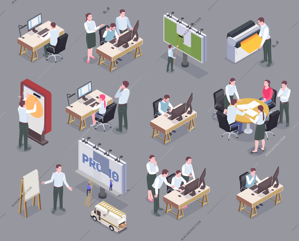 Advertising agency staff at their workplaces isometric icons set isolated on gray background 3d vector illustration