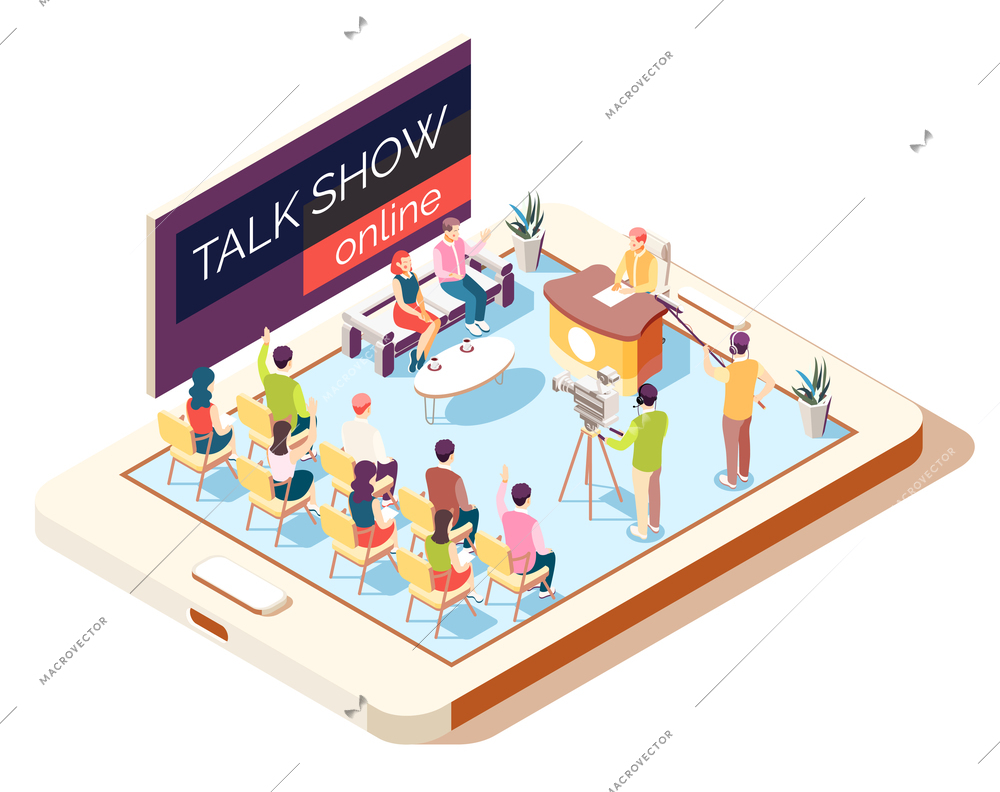 Online talk show isometric composition with host operators and guests in studio 3d vector illustration