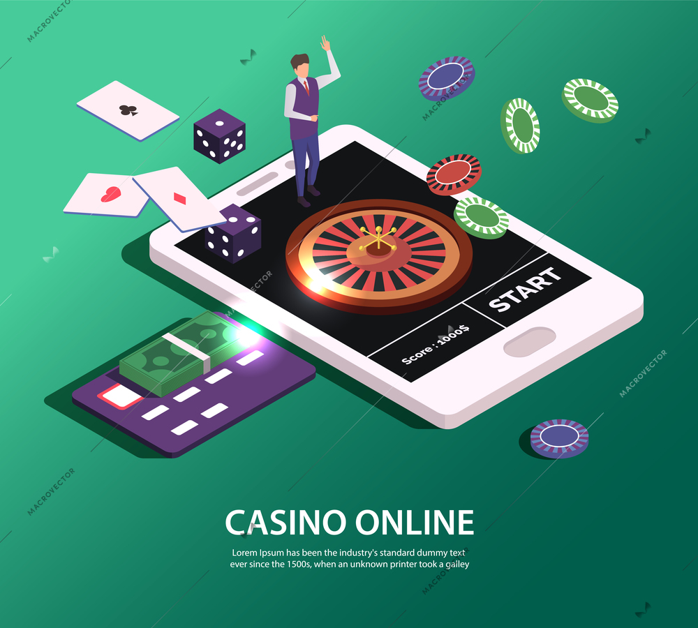 Online casino concept with tablet credit card money and tools for gambling games 3d isometric vector illustration