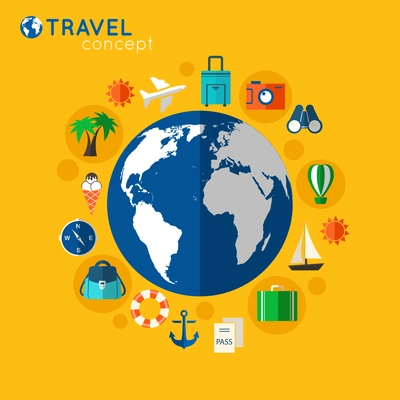 Travel concept on orange background with big blue globe with tourism vacation service icons vector illustration