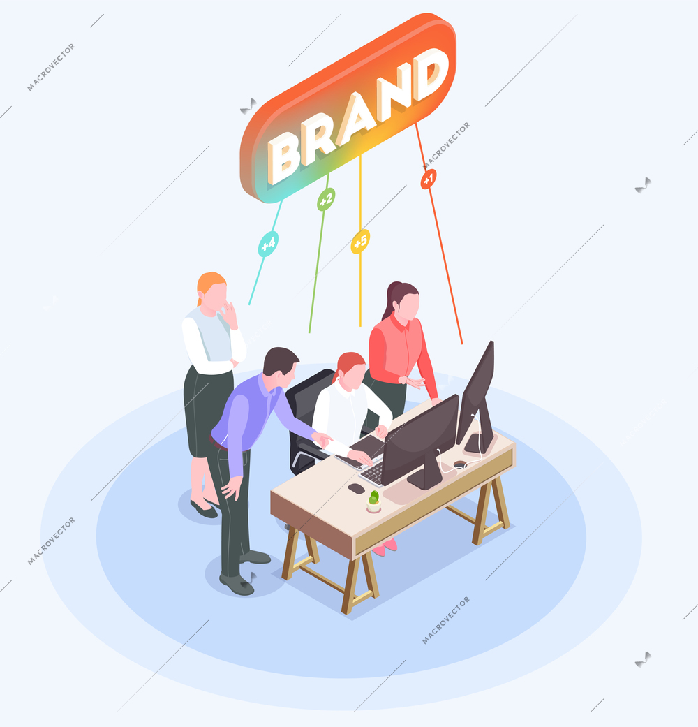 Isometric composition with advertising agency employees brainstorming in office 3d vector illustration