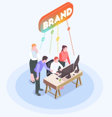 Isometric composition with advertising agency employees brainstorming in office 3d vector illustration