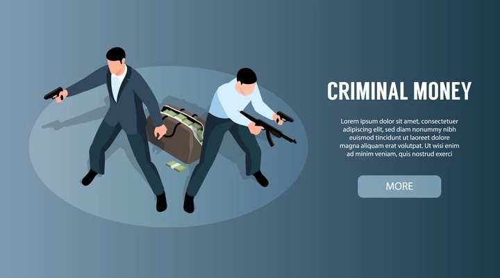 Isometric criminal horizontal banner with text clickable button and characters of two bandits defending money bag vector illustration