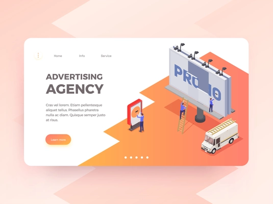 Advertising agency isometric horizontal banner with people changing billboard 3d vector illustration