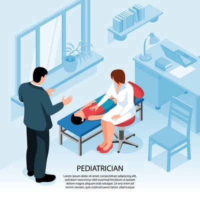 Isometric doctor pediatrician medicine background with office interior and female medical specialist examining child with father vector illustration