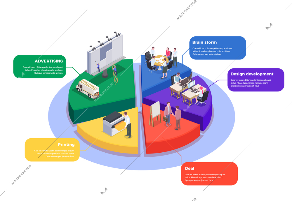 Advertising agency staff working in office isometric composition 3d vector illustration