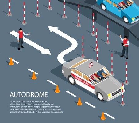 Isometric driving school composition with view of drive exercise area with barriers arrows and editable text vector illustration