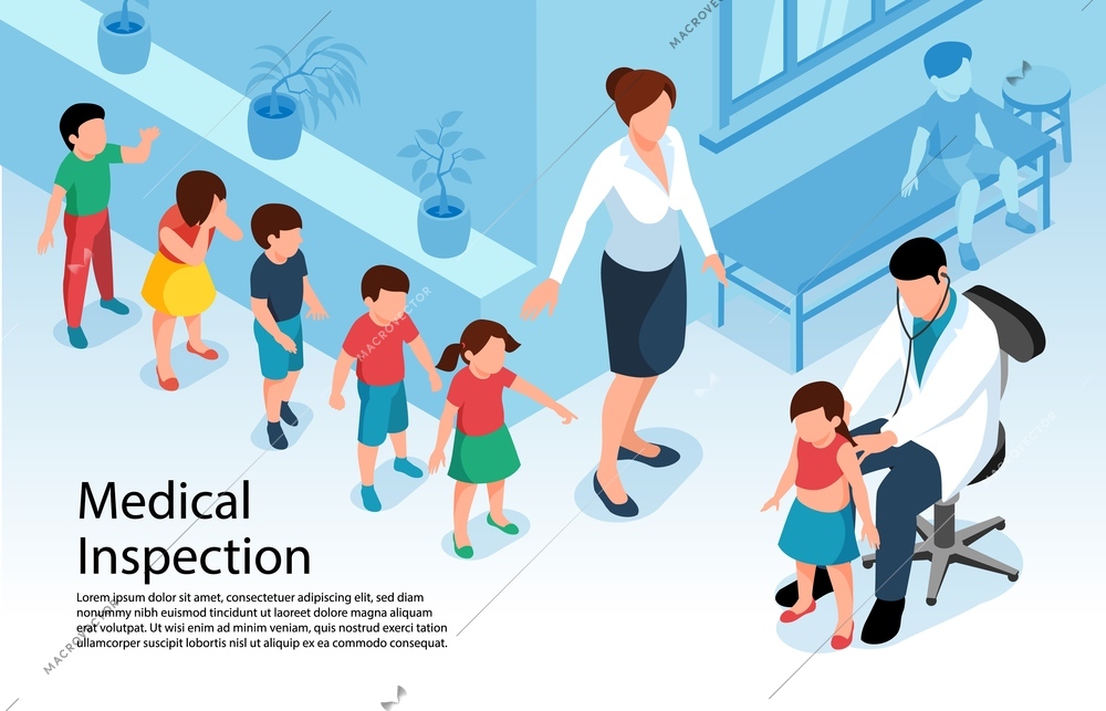 Isometric doctor pediatrician medicine horizontal background with queue of children teacher and medical specialist with text vector illustration