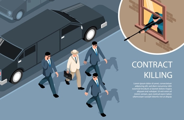 Isometric criminal horizontal background with images of sniper shooting rich gentleman surrounded by bodyguards with text vector illustration