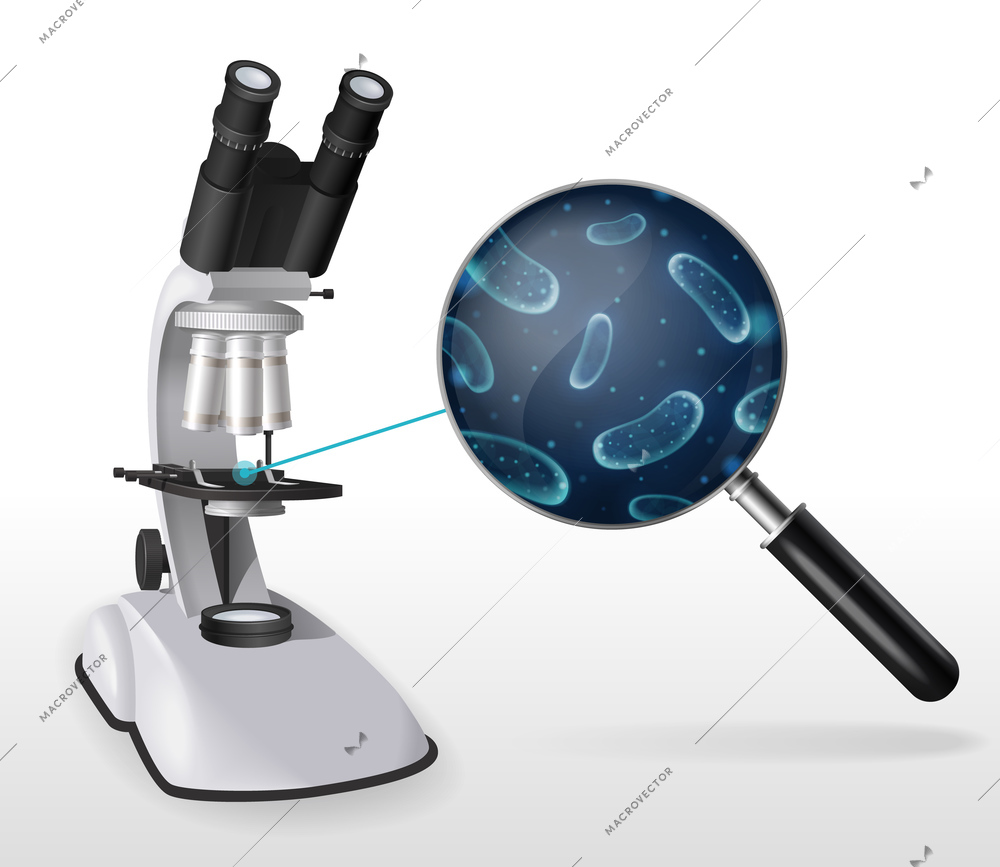 Realistic microscope composition with images of hand magnifier lens with microbes and laboratory equipment binocular glass vector illustration