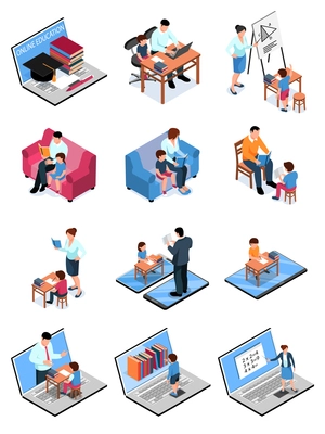 Isometric family homeschooling set with isolated images of computers gadgets pieces of furniture and human characters vector illustration