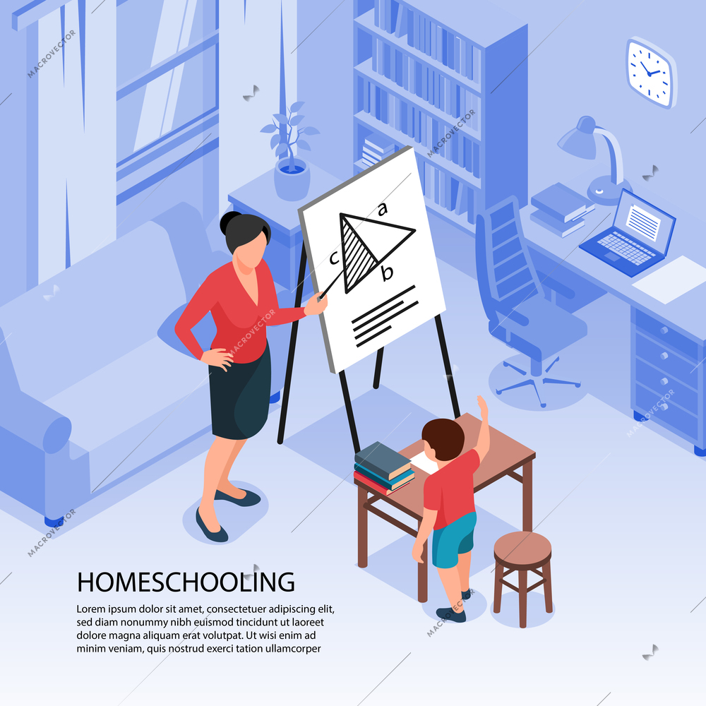Isometric family homeschooling background with indoor home interior and mother with child doing lessons with text vector illustration