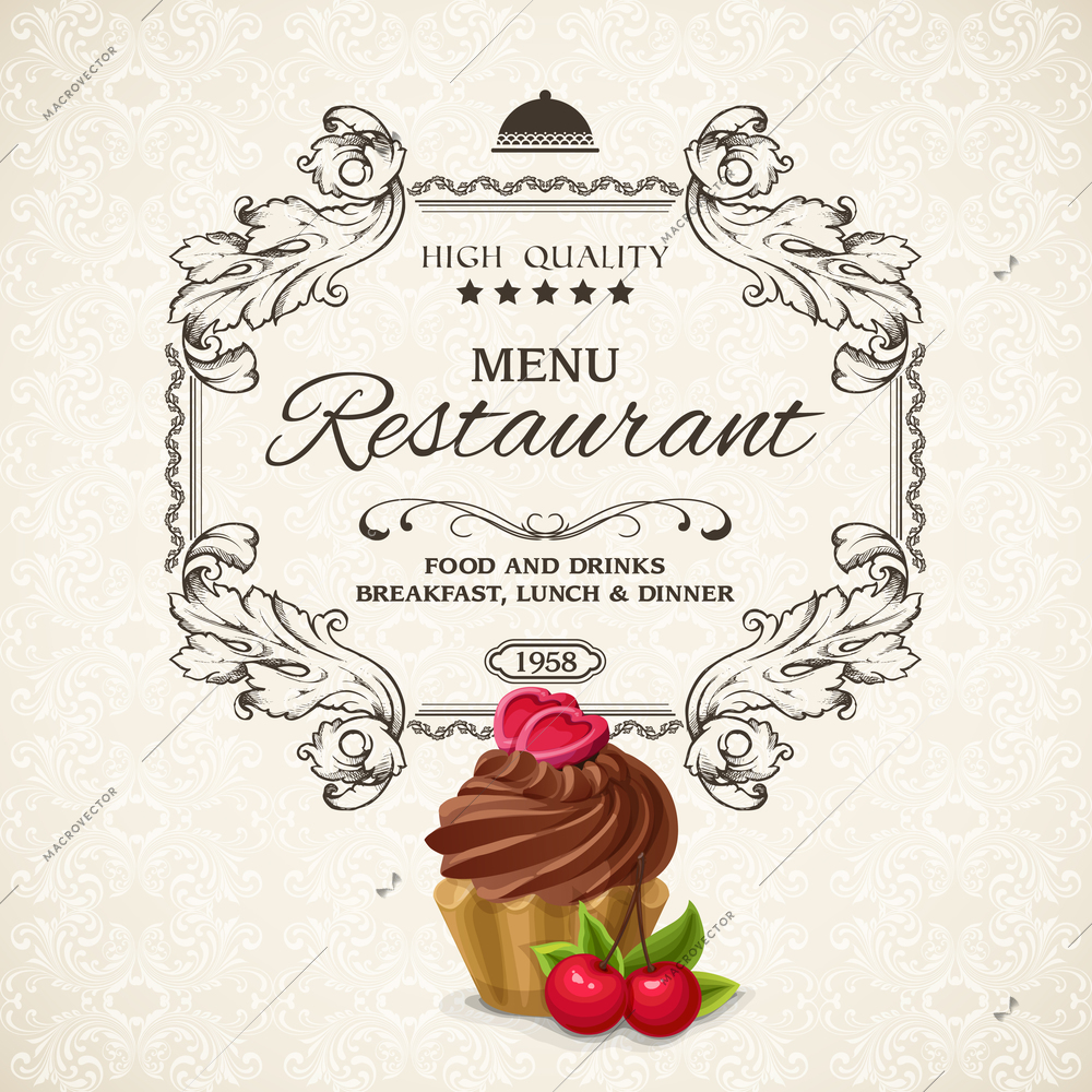 Elegant restaurant menu list with frame and chocolate cream cake vector illustration