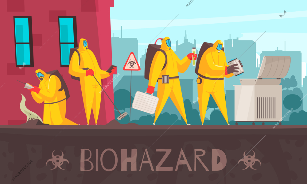 Microbiology composition with text and cityscape background with human characters in biohazard suits making certain observations vector illustration