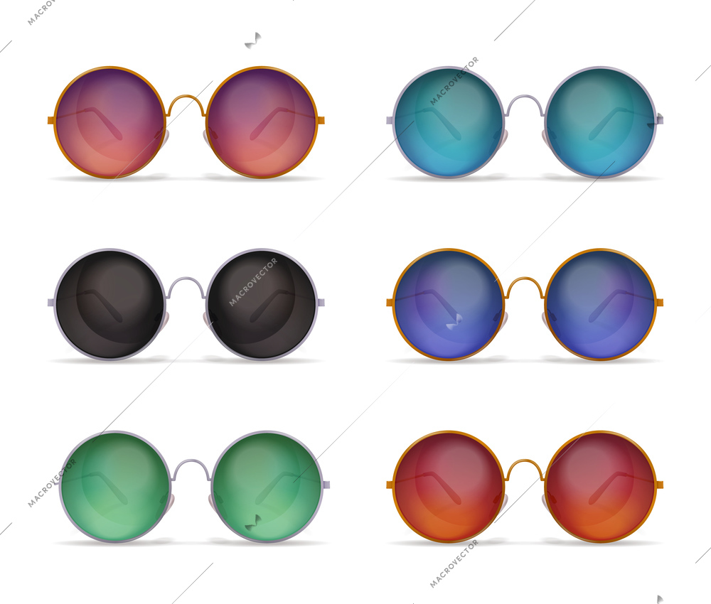 Set of isolated sunglasses realistic images with six different models of colourful round shaped sun goggles vector illustration