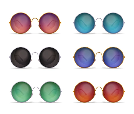 Set of isolated sunglasses realistic images with six different models of colourful round shaped sun goggles vector illustration