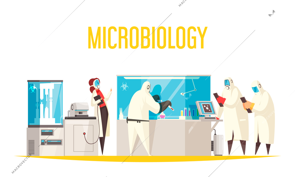 Microbiology laboratory composition with text and view of lab apparatus with scientist characters in biohazard suits vector illustration