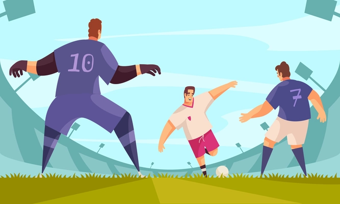 Summer sport soccer football composition with player characters in teamwear surrounded by stadium grand stands background vector illustration