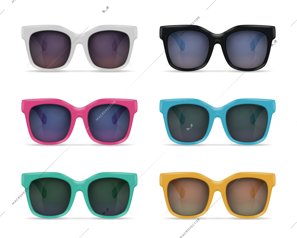 Set of isolated sunglasses realistic images on blank background with reflections and colourful models with shadows vector illustration