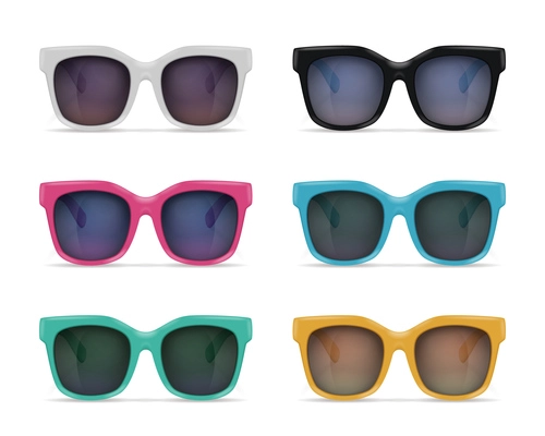 Set of isolated sunglasses realistic images on blank background with reflections and colourful models with shadows vector illustration