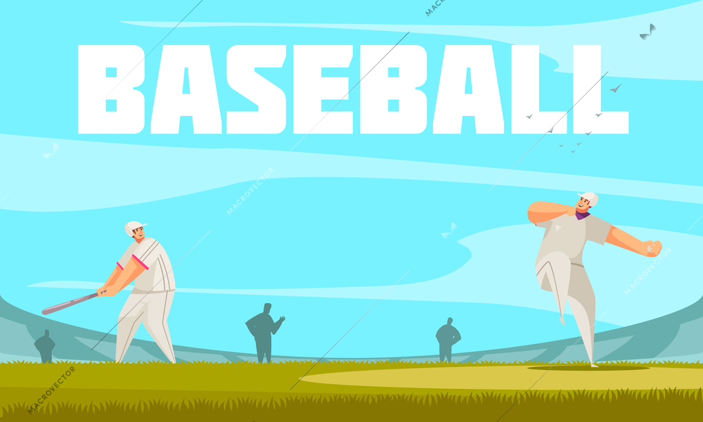 Summer sport baseball composition with outdoor stadium background and doodle characters of ballplayers on ball field vector illustration