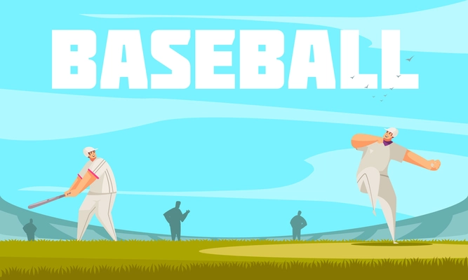 Summer sport baseball composition with outdoor stadium background and doodle characters of ballplayers on ball field vector illustration