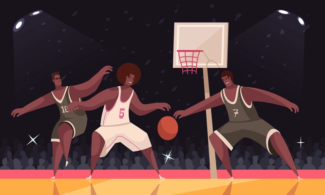 Summer sport basketball composition with indoor view of arena and african american players with fan silhouettes vector illustration