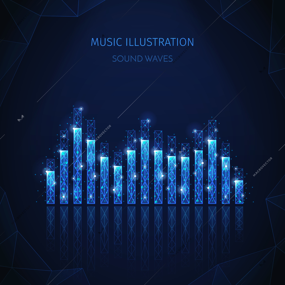 Music media polygonal wireframe composition with editable text and image of equalizer stripes with shining particles vector illustration