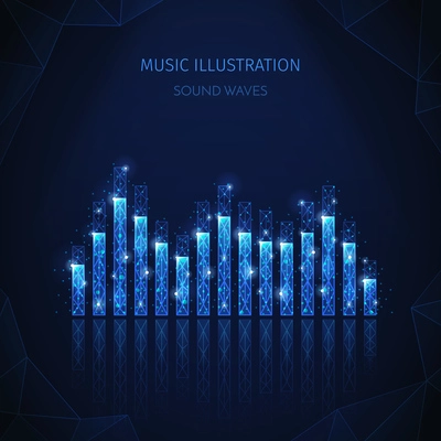 Music media polygonal wireframe composition with editable text and image of equalizer stripes with shining particles vector illustration