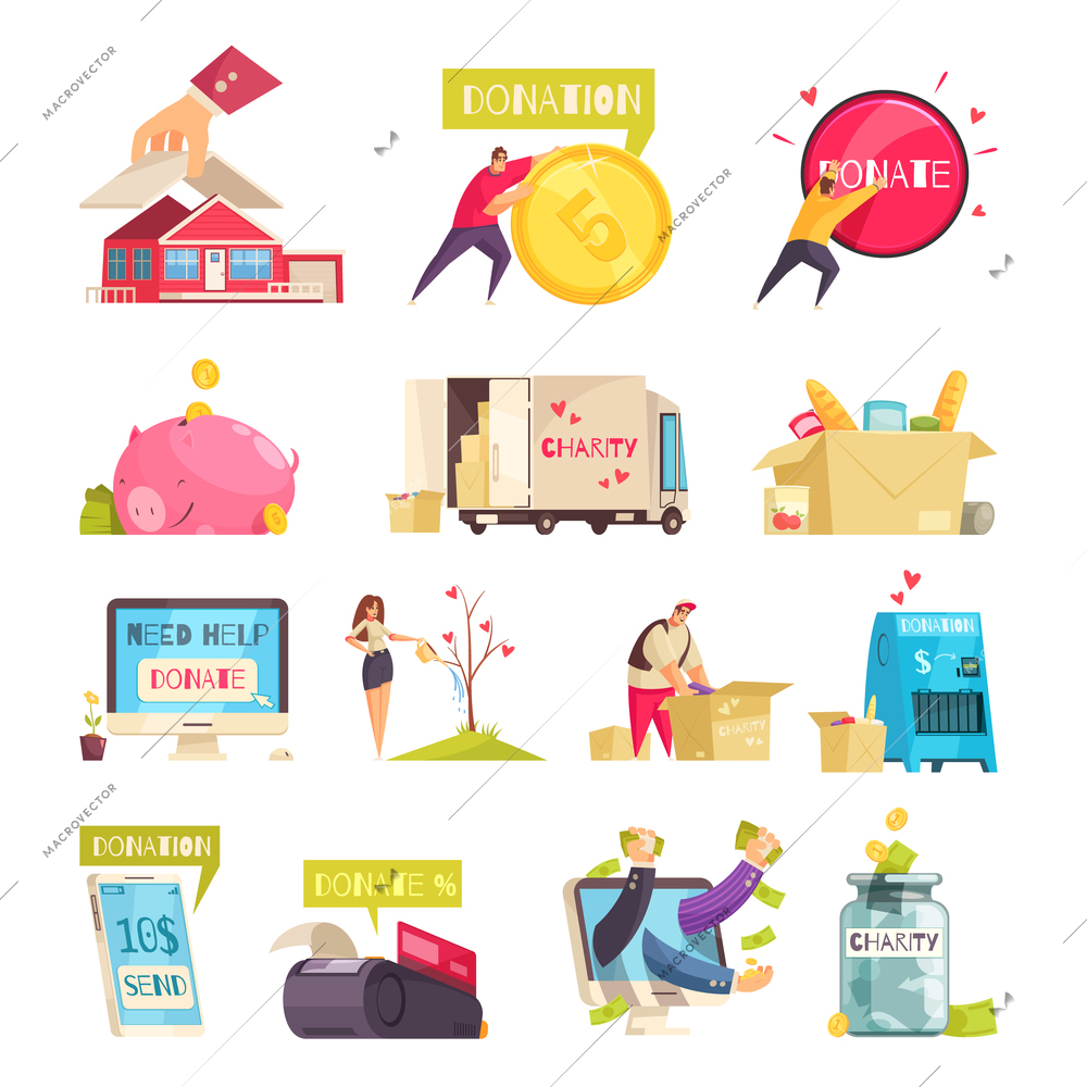 Charity set of isolated doodle image compositions with conceptual images of money gadgets goods and people vector illustration