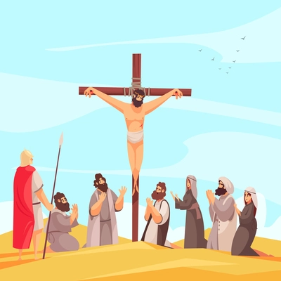 Bible narratives jesus crucifix composition with christ nailed to cross on mount calvary with praying people vector illustration