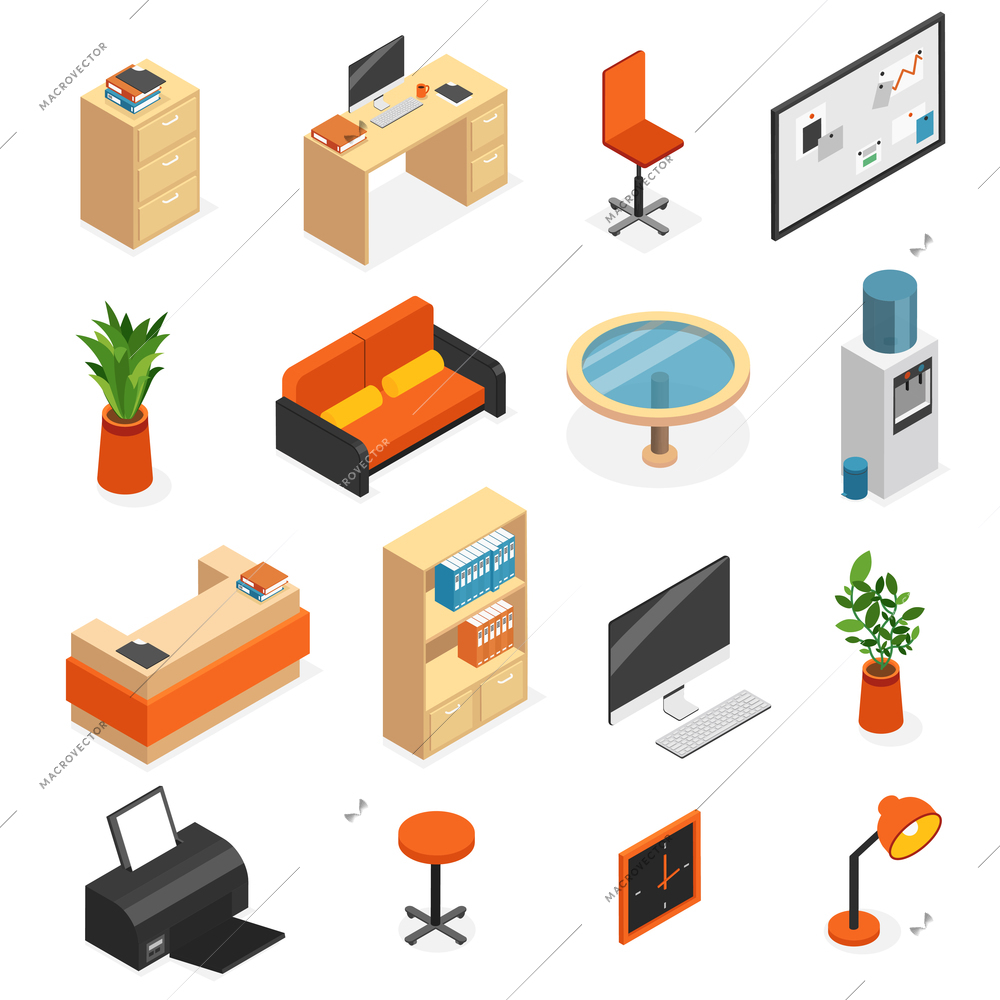 Isometric isolated office furniture icon set with couch lamp computer table chair wardrobe vector illustration