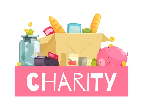 Charity composition with images of donated items food products still bank and money boxes with text vector illustration