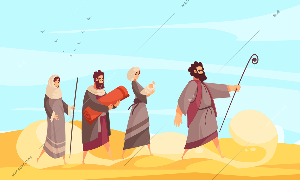 Bible narratives composition with desert scenery and character of moses leading people the way through sands vector illustration