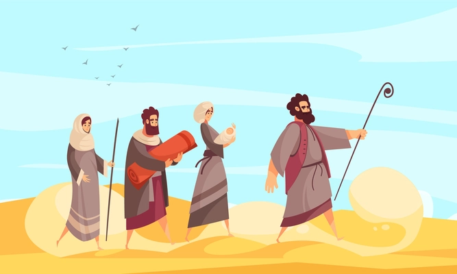 Bible narratives composition with desert scenery and character of moses leading people the way through sands vector illustration