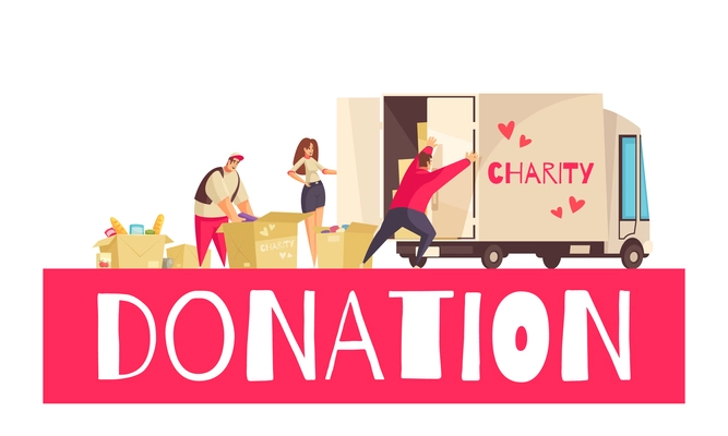 Charity composition with doodle human characters carton boxes filled with goods and cargo truck with text vector illustration