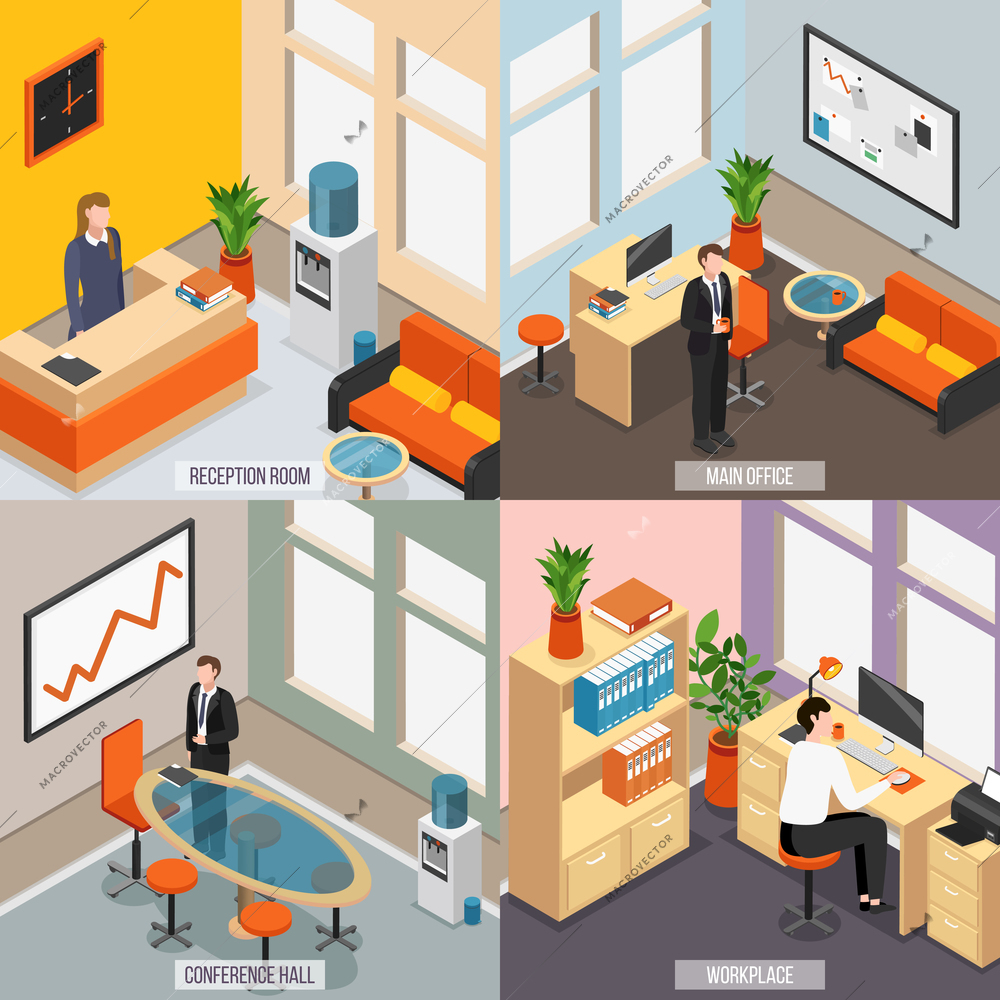 Four squares isometric office icon set with reception room main office conference hall and workplace descriptions vector illustration