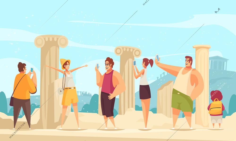 Guide excursion ruins composition with outdoor landscape and ruins of ancient architectures with curious tourist characters vector illustration