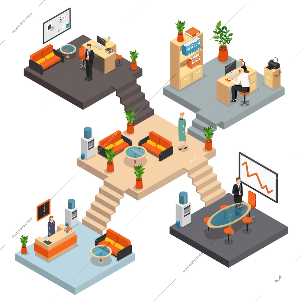 Isometric office multistore composition with five rooms on different floors connected by a staircase vector illustration