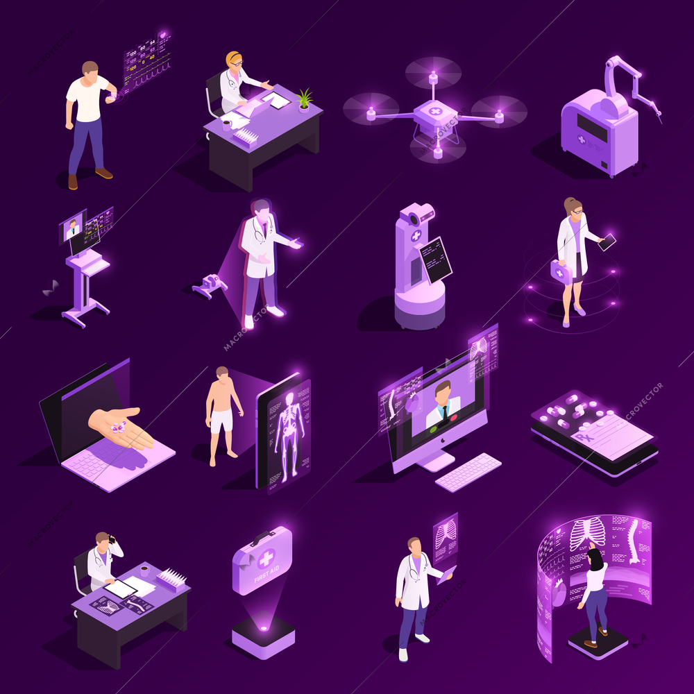 Telemedicine digital health glow isometric icons collection with sixteen isolated image compositions human characters and electronics vector illustration