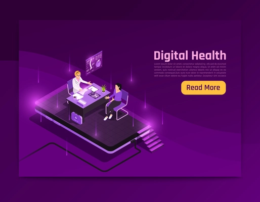Telemedicine digital health glow isometric background website page with read more button text and glowing images vector illustration