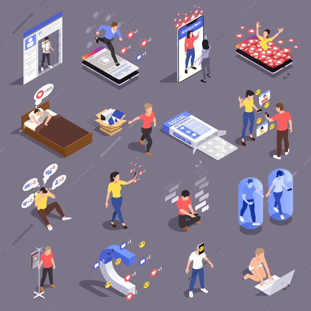 Set of isolated social network addiction isometric icons with conceptual images of people addicted to social media vector illustration