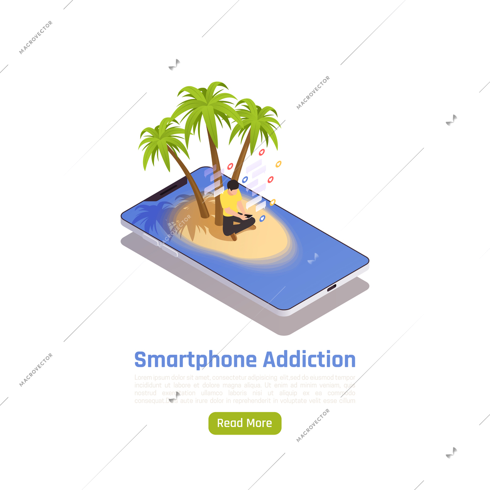 Social network addiction isometric background with conceptual image of smartphone island with palms button and text vector illustration