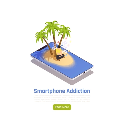 Social network addiction isometric background with conceptual image of smartphone island with palms button and text vector illustration