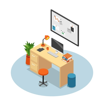 Isolated and isometric office composition workplace with desk monitor chair and table vector illustration