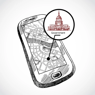 Sketch draw smartphone with navigation map and find government building vector illustration