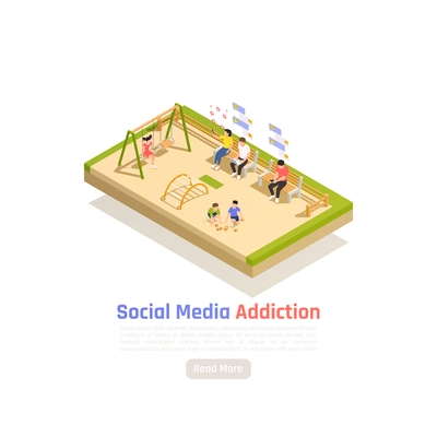 Social network addiction isometric background with view of childrens playground and parents staring at their smartphones vector illustration