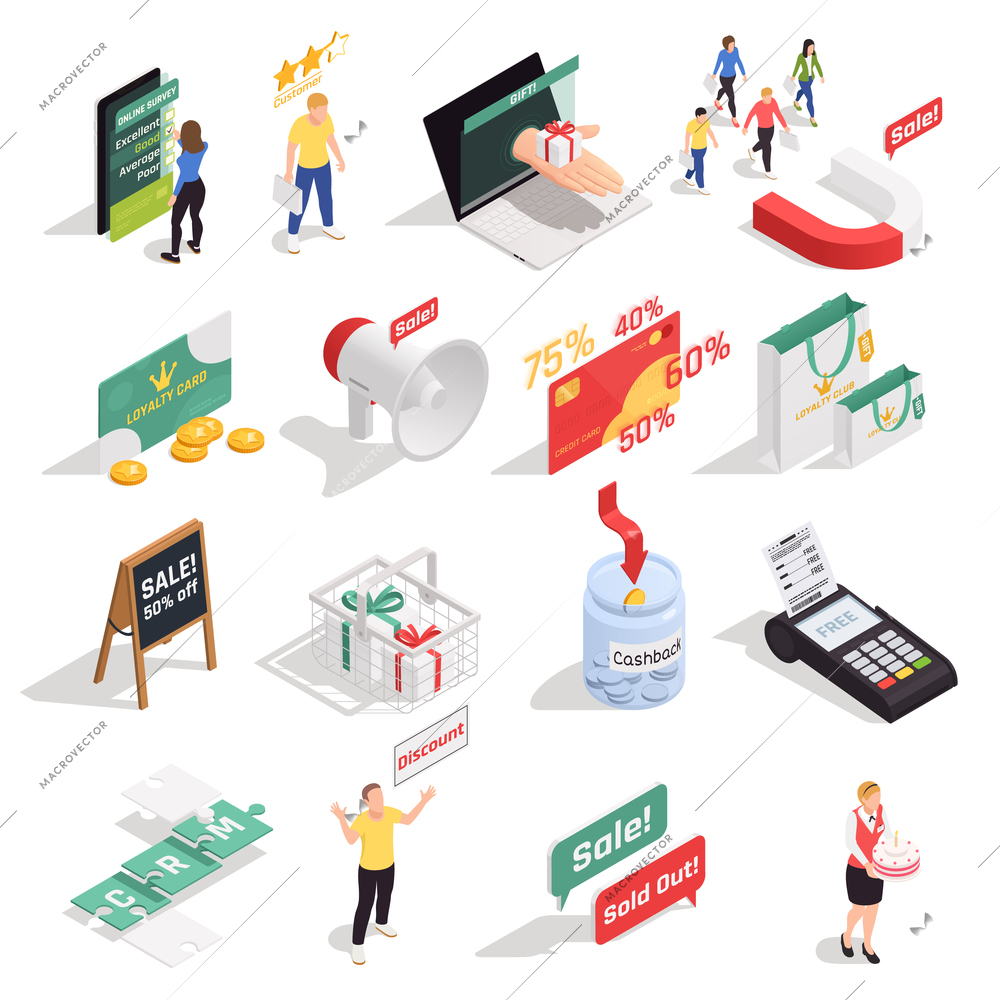 Customer loyalty retention isometric concept icons collection with sixteen isolated images with human characters symbols signs vector illustration